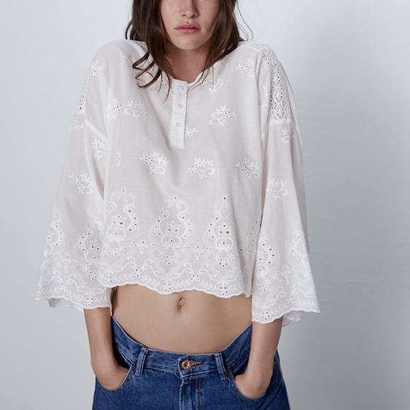 Zara Tops Nwt Zara White Cotton Embroidered Blouse Poshmark